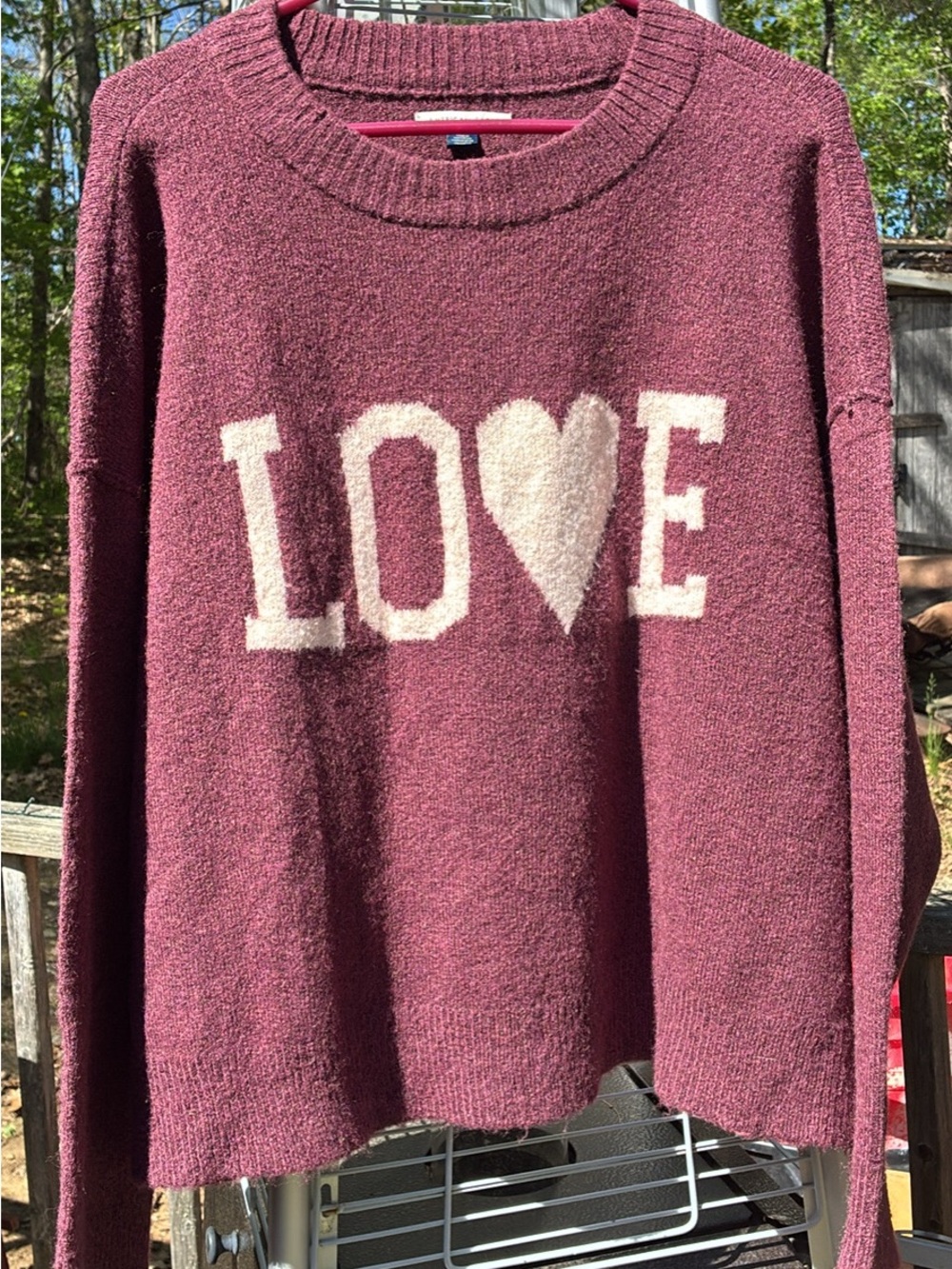 American Eagle Outfitters Wine Crewneck Sweater with Cream LOVE Graphic